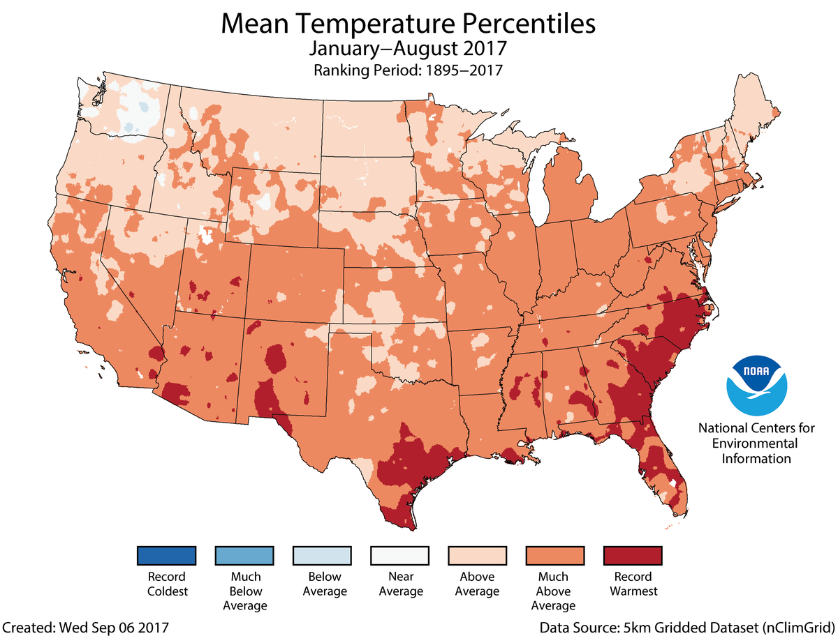 Map of January to August 2017 U.S. average temperature percentiles