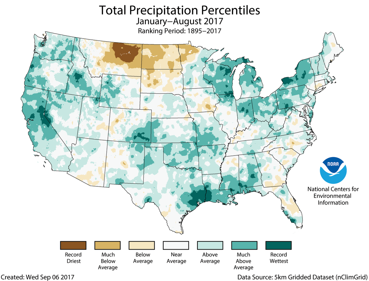 Map of January to August 2017 U.S. total precipitation percentiles