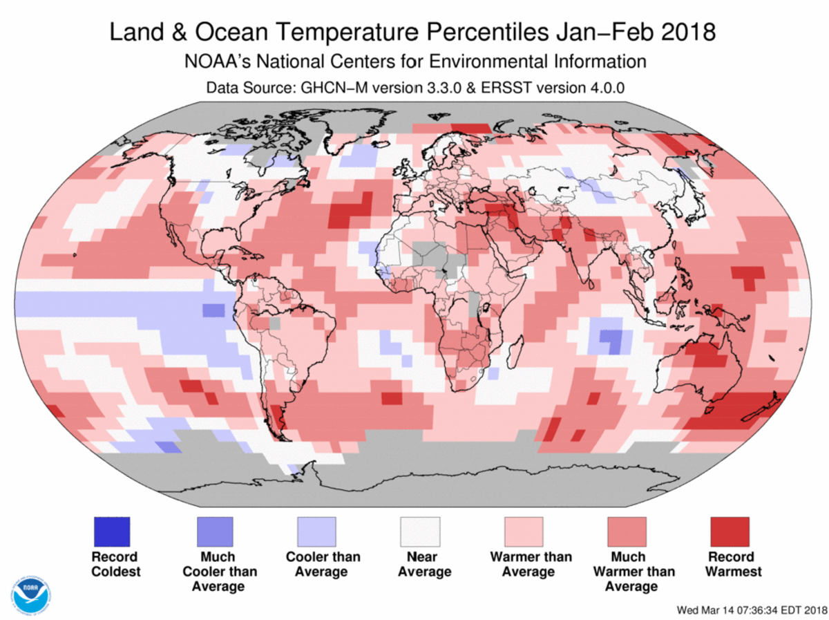Map of global temperature percentiles for January to February 2018