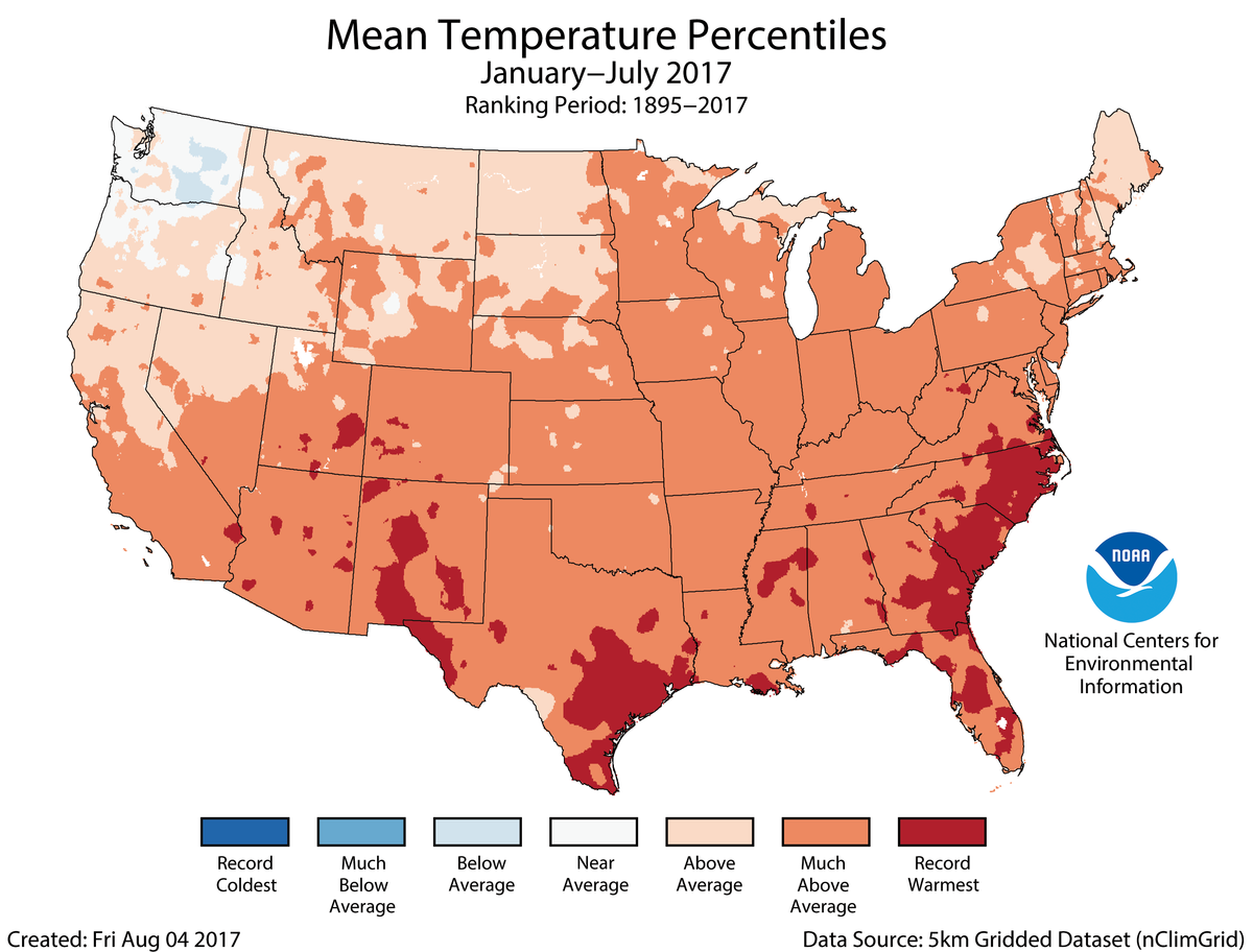 Map of January to July 2017 U.S. average temperature percentiles