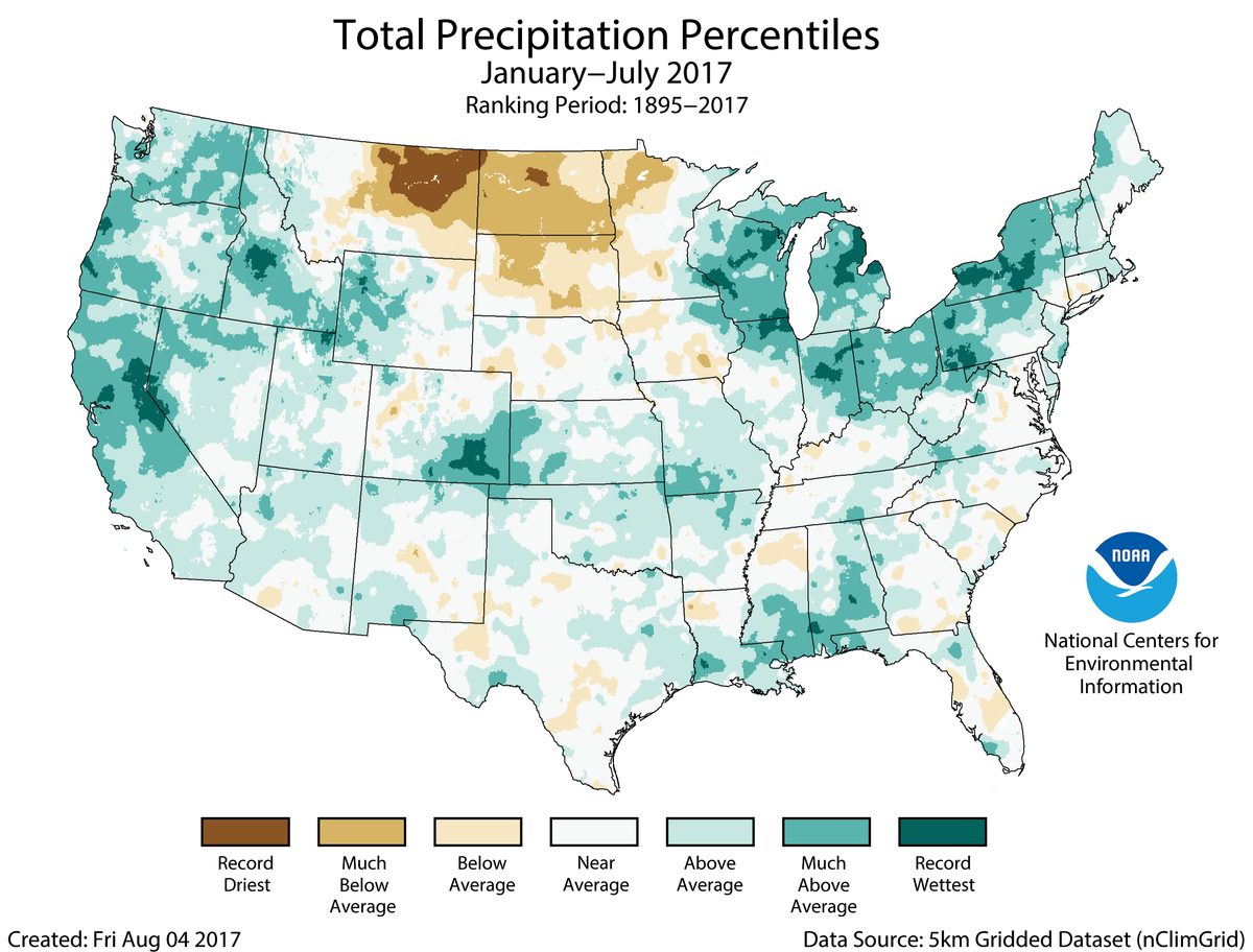 Map of January to July 2017 U.S. total precipitation percentiles