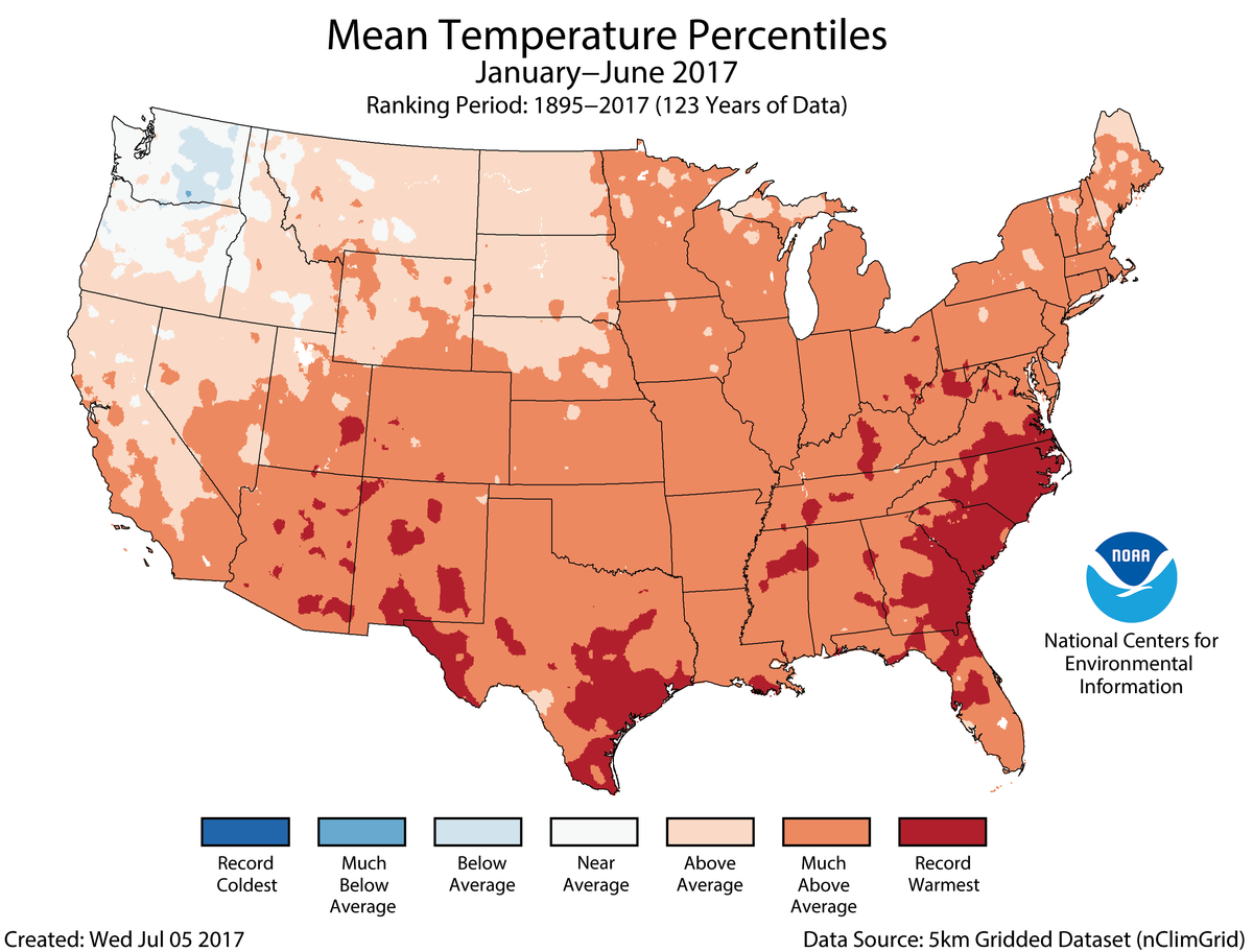 Map of January to June 2017 U.S. average temperature percentiles