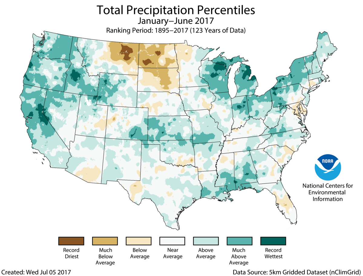 Map of January to June 2017 U.S. total precipitation percentiles
