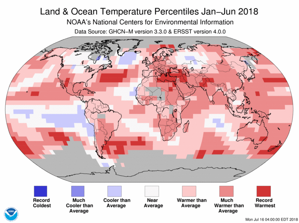Map of global temperature percentiles for January to June 2018