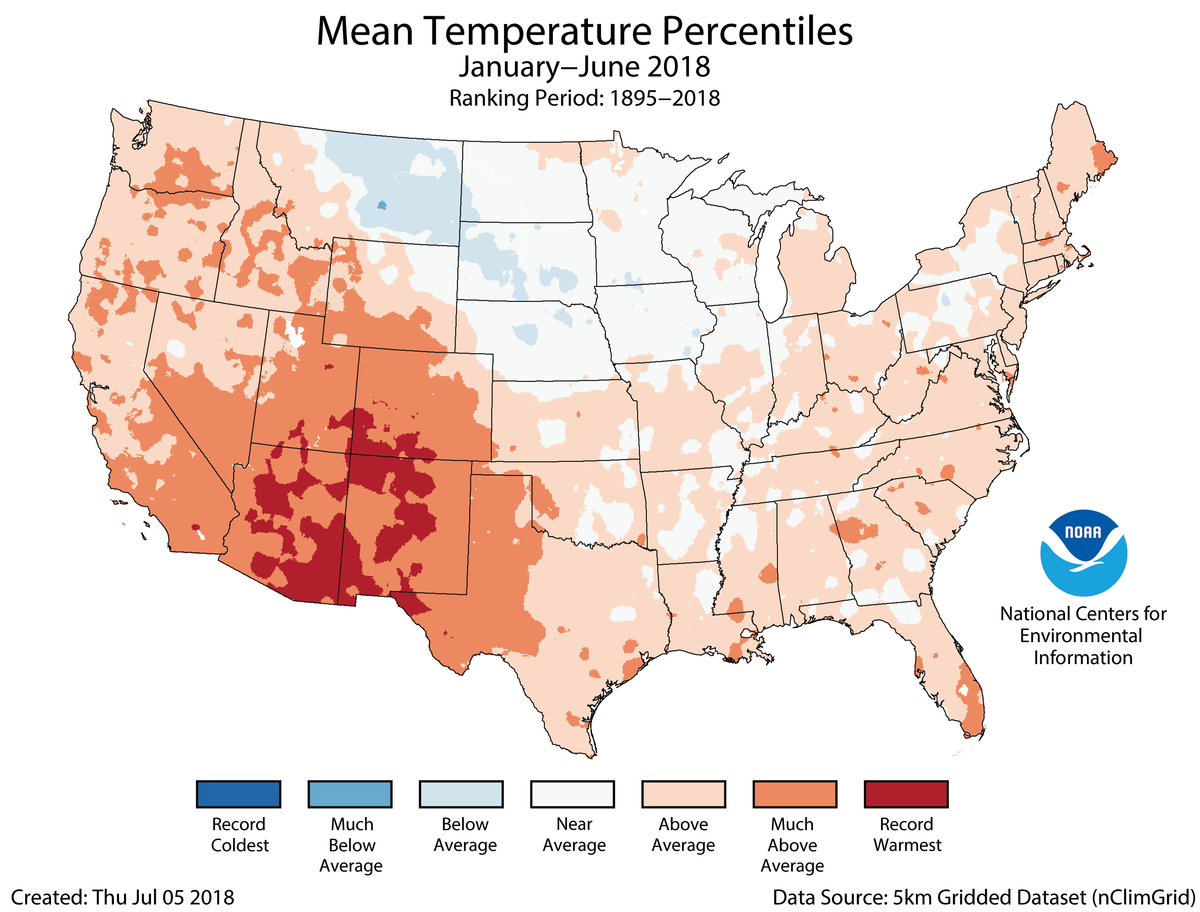 Map of January to June 2018 U.S. average temperature percentiles