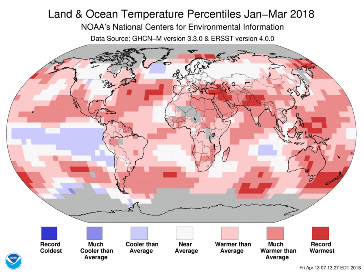 Map of global temperature percentiles for January to March 2018