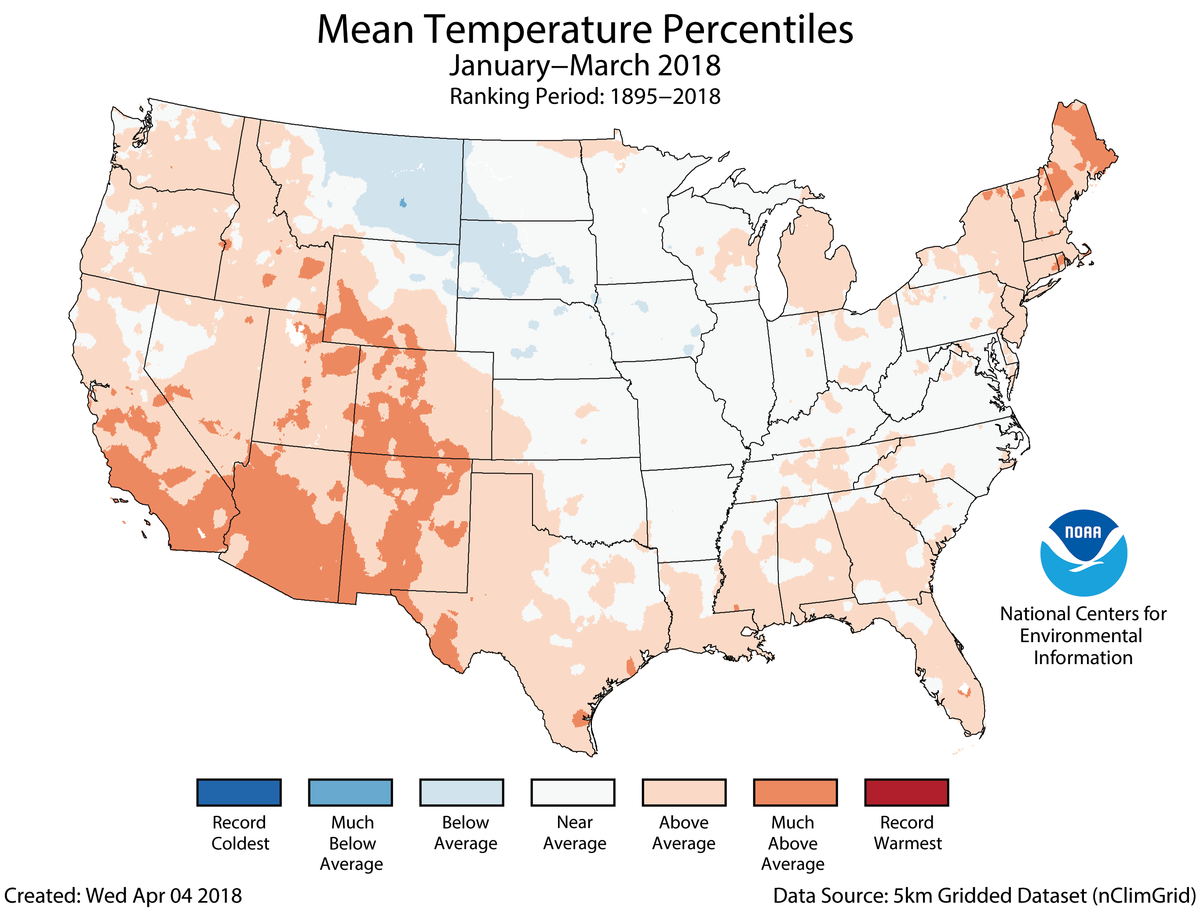 Map of January to March 2018 U.S. average temperature percentiles