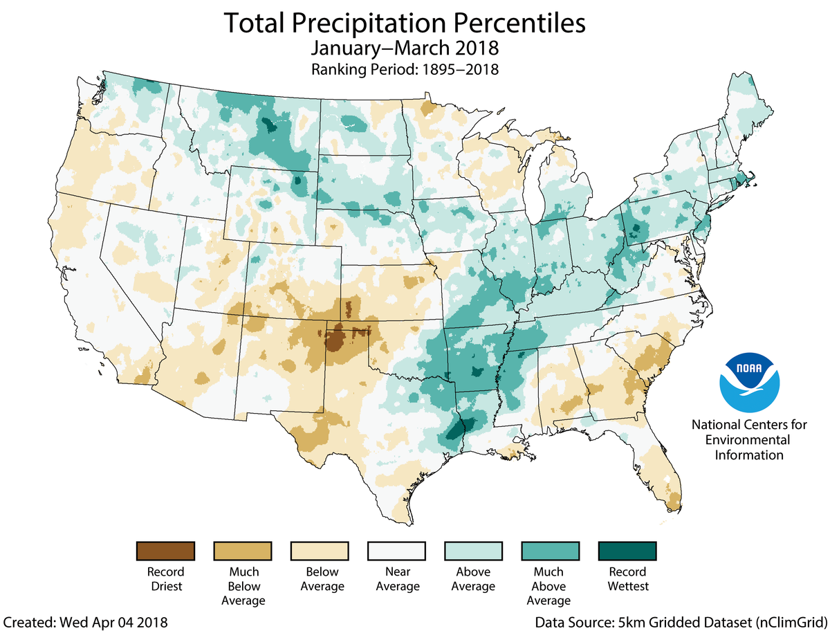 Map of January to March 2018 U.S. total precipitation percentiles