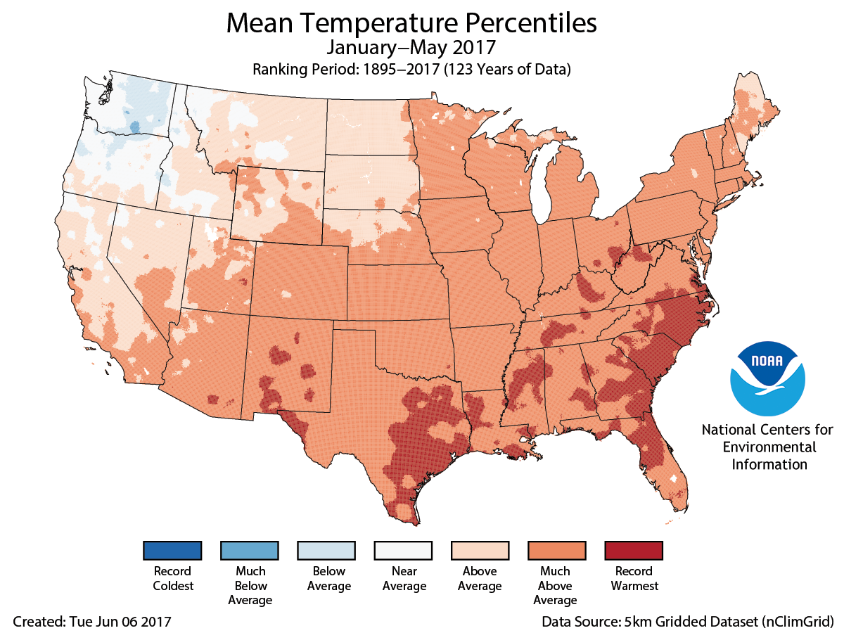 Map of January to May 2017 U.S. average temperature percentiles