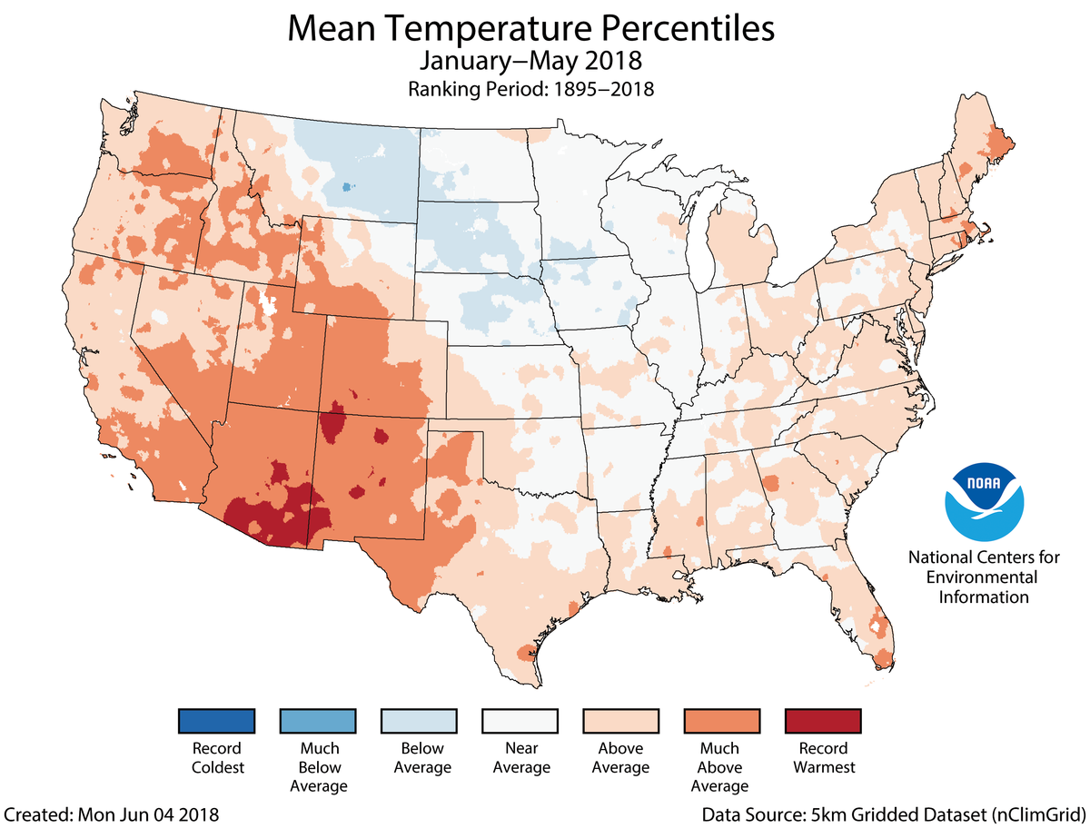 Map of January to May 2018 U.S. average temperature percentiles