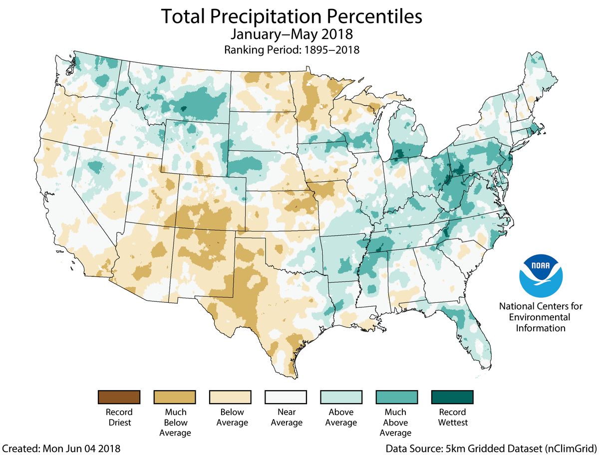 Map of January to May 2018 U.S. total precipitation percentiles