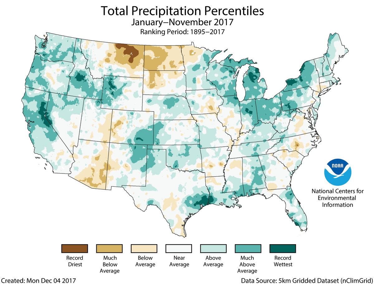 Map of January to November 2017 U.S. total precipitation percentiles