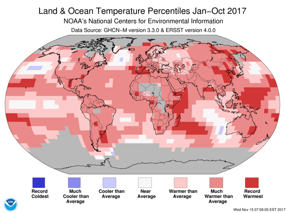 Map of global temperature percentiles for January to October 2017
