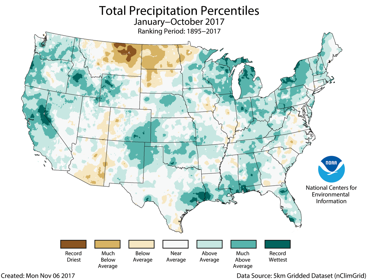 Map of January to October 2017 U.S. total precipitation percentiles