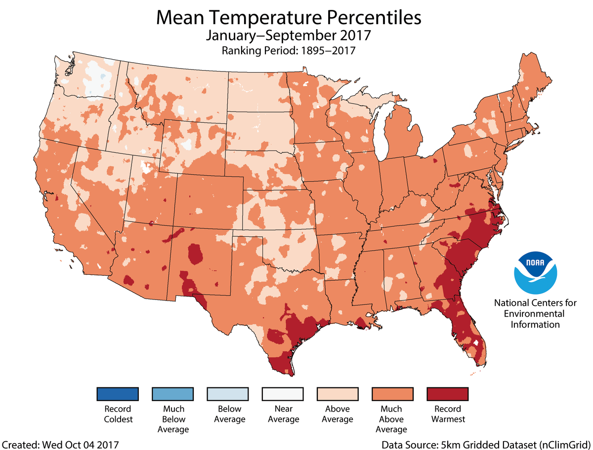 Map of January to September 2017 U.S. average temperature percentiles