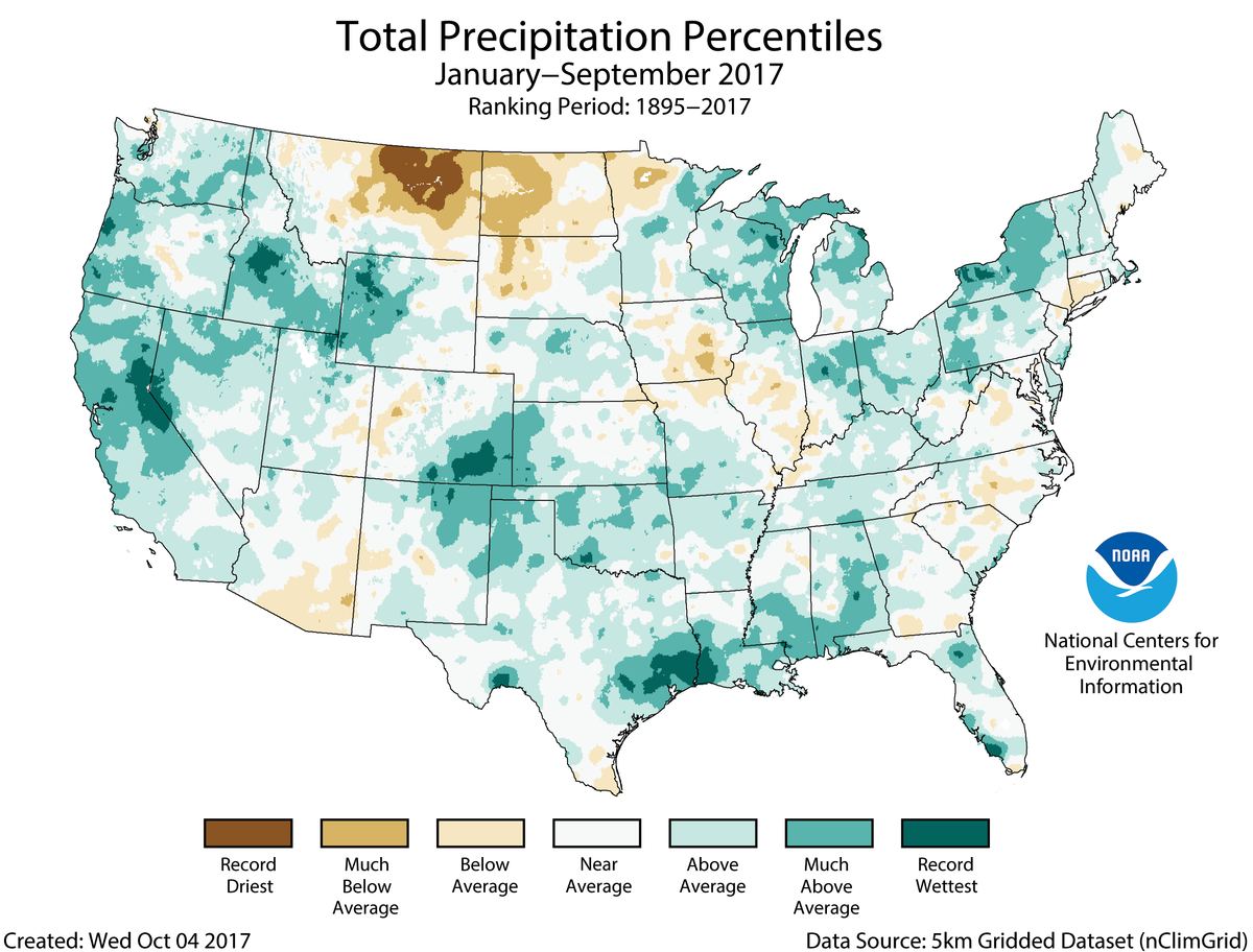 Map of January to September 2017 U.S. total precipitation percentiles