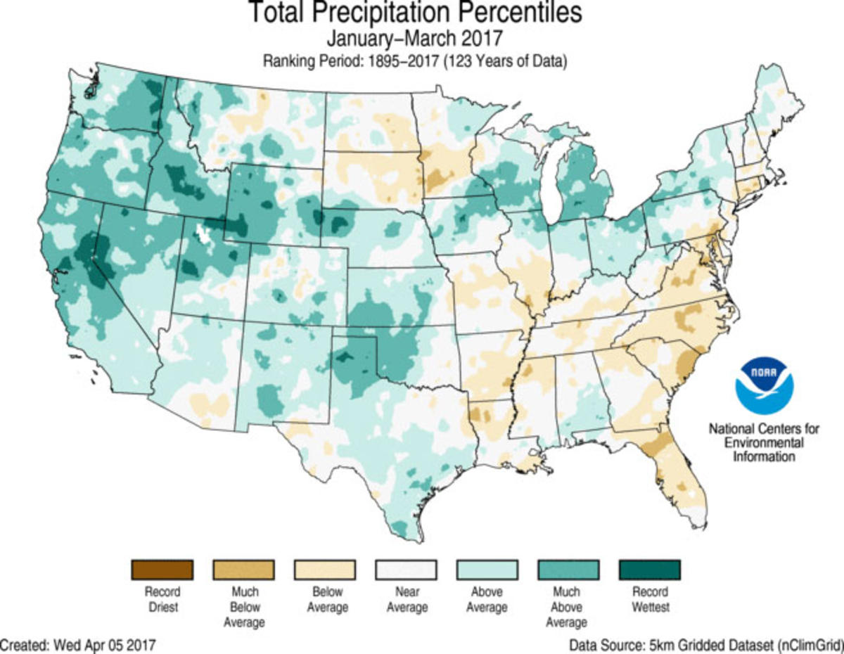 Map of January to March 2017 U.S. total precipitation percentiles