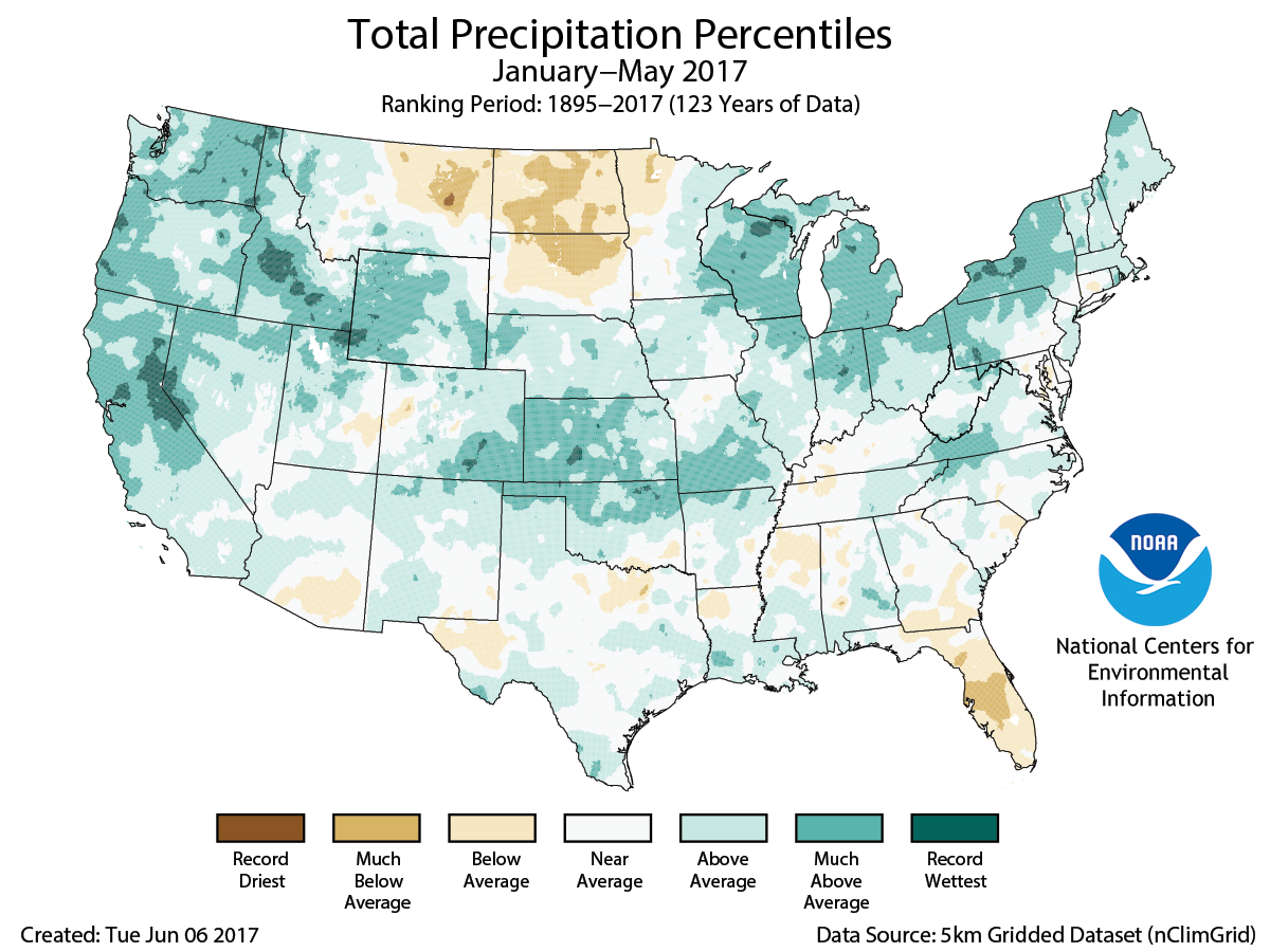 Map of January to May 2017 U.S. total precipitation percentiles