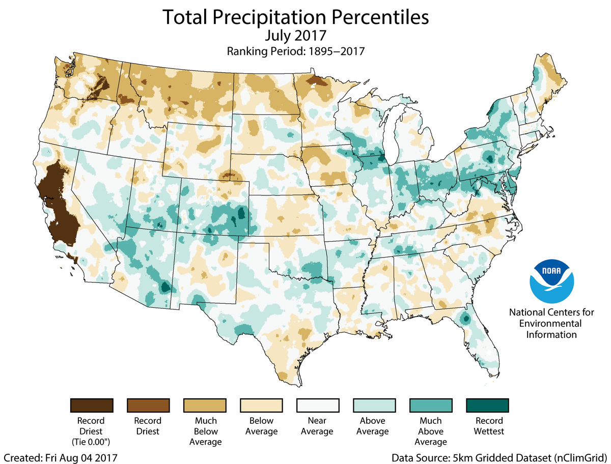 Map of July 2017 U.S. total precipitation percentiles