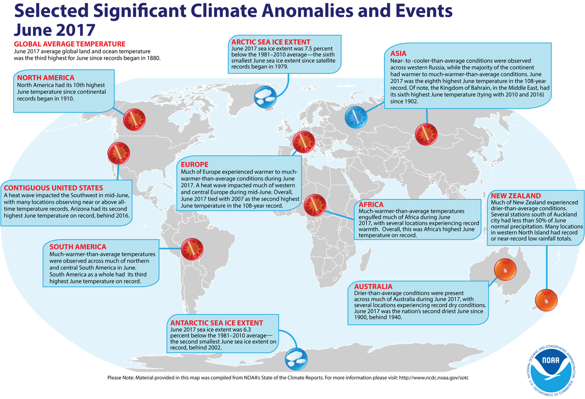 Map of global selected significant climate anomalies and events for June 2017