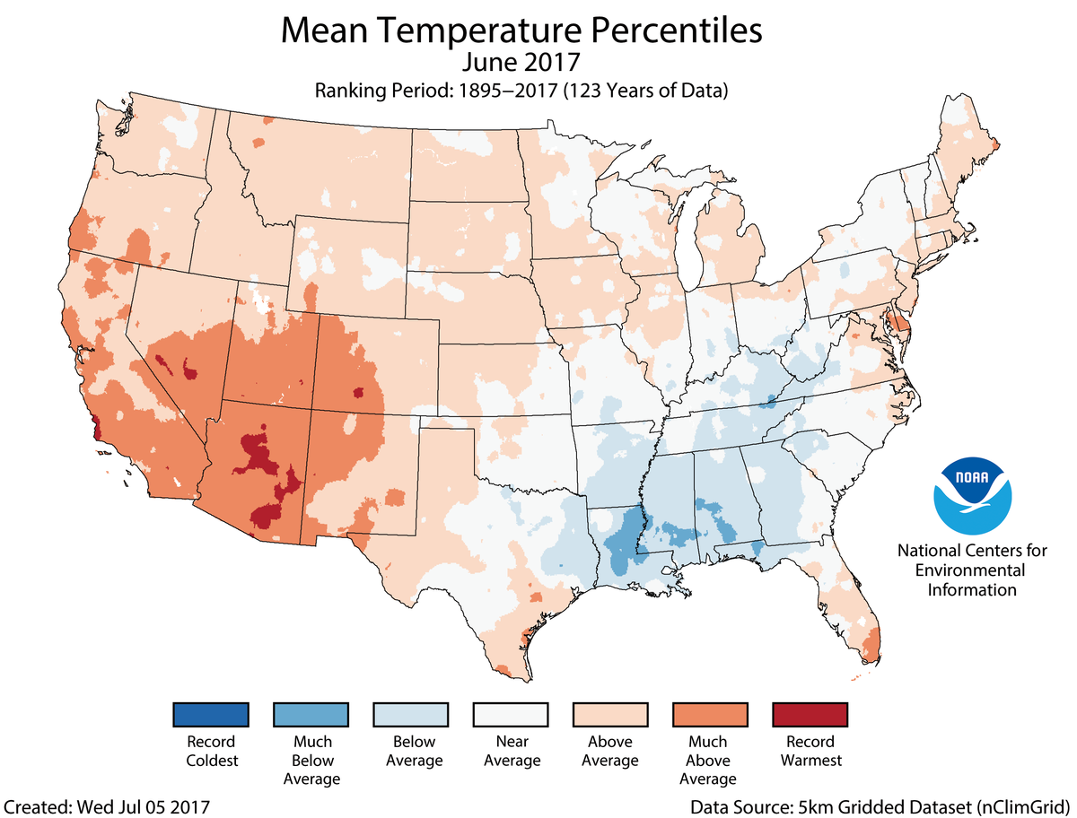 Map of June 2017 U.S. average temperature percentiles
