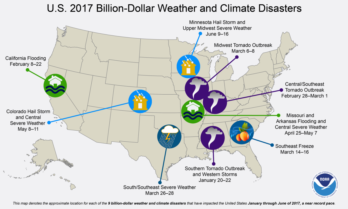 Map of U.S. billion-dollar disasters occurring from January through June 2017