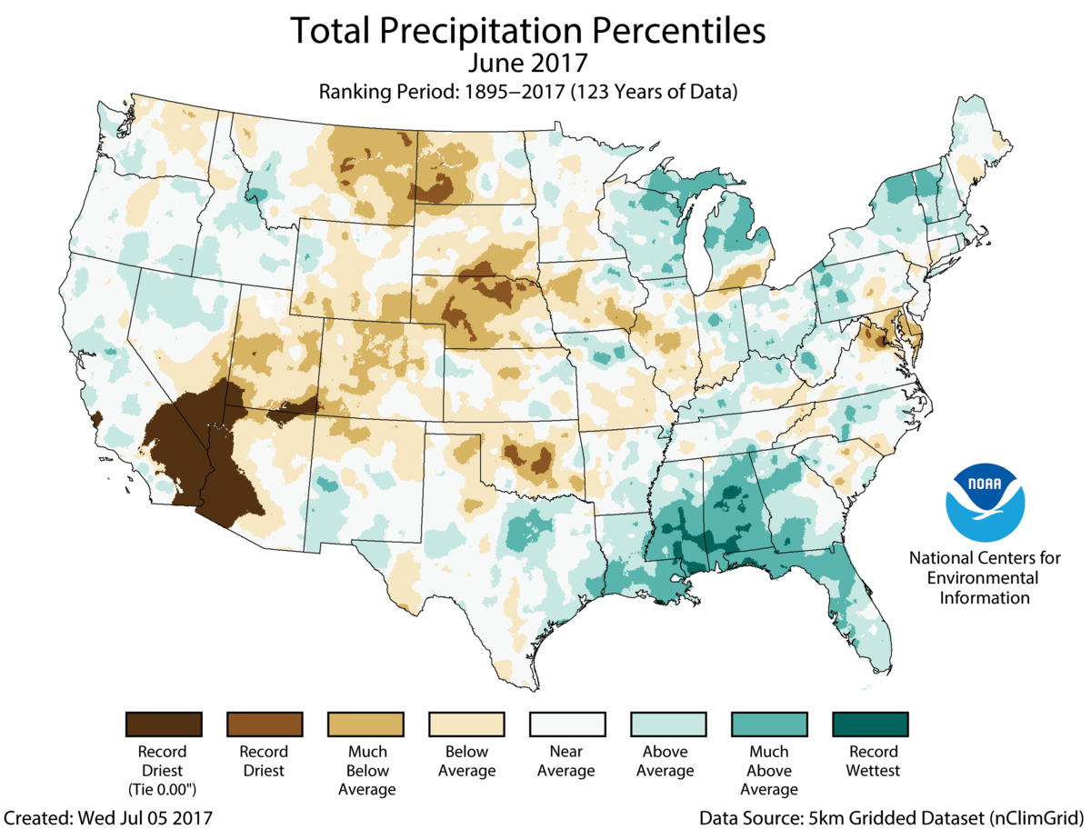 Map of June 2017 U.S. total precipitation percentiles