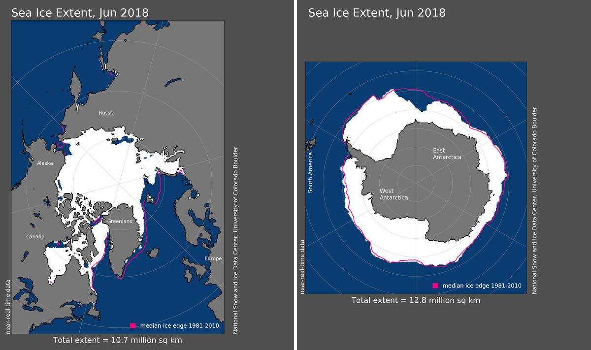 Maps of Arctic and Antarctic sea ice extent in June 2018