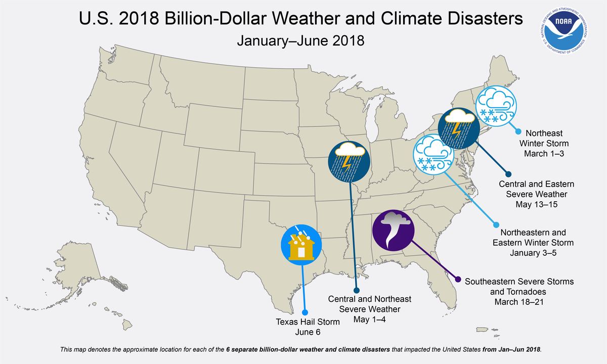 Map of January to June 2018 billion-dollar disaster events