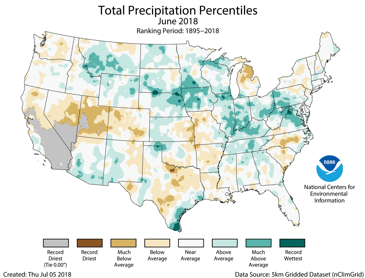 Map of June 2018 U.S. total precipitation percentiles