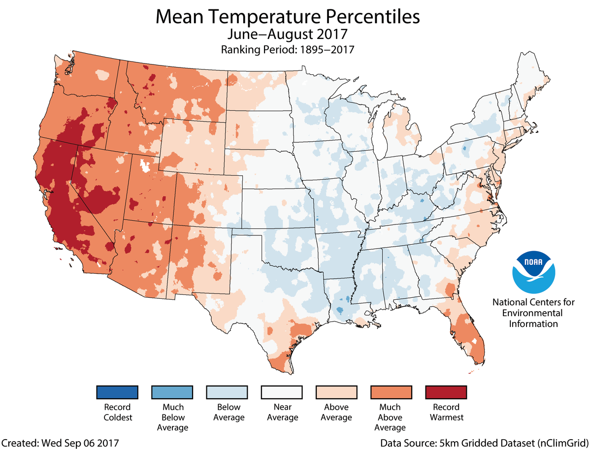 Map of June to August 2017 U.S. average temperature percentiles