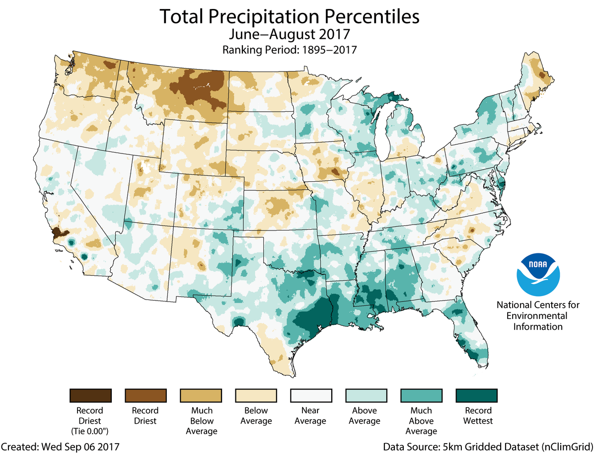 Map of June to August 2017 U.S. total precipitation percentiles