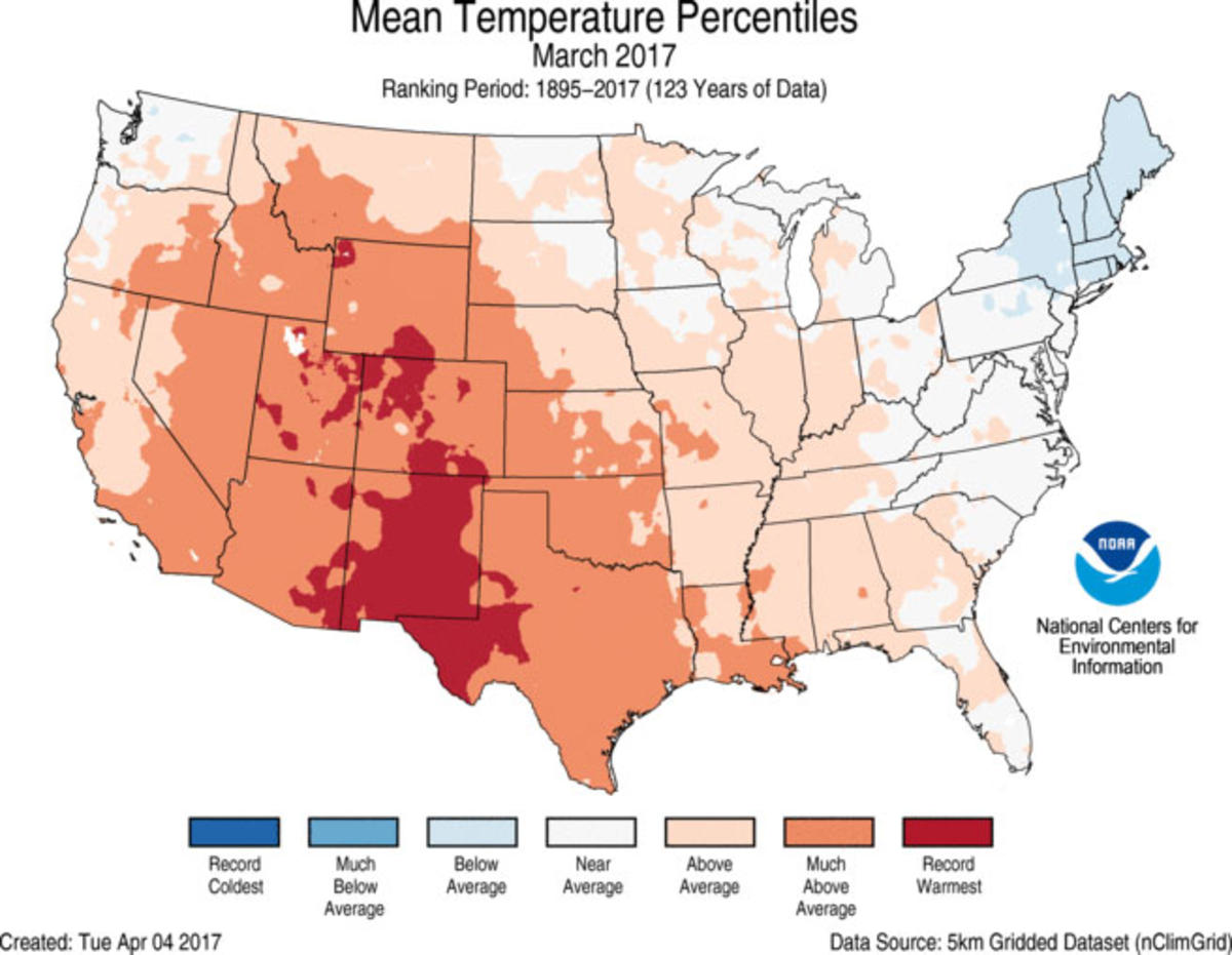 Map of March 2017 U.S. average temperature percentiles