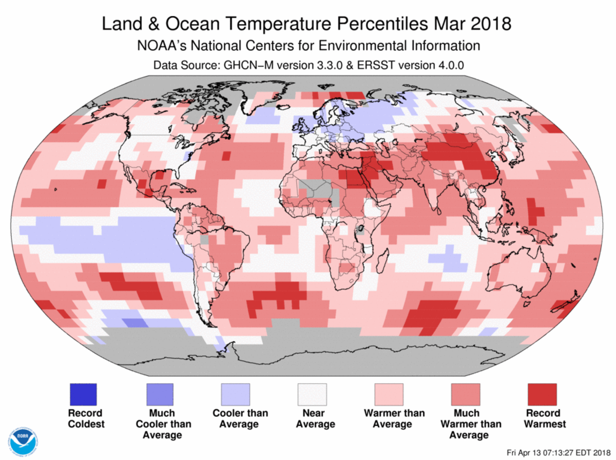 Map of global temperature percentiles for March 2018