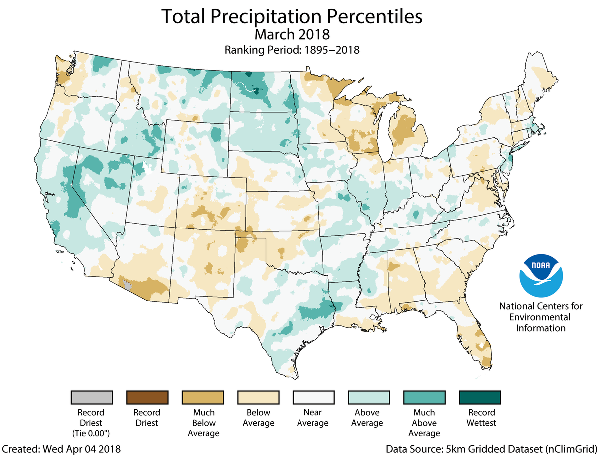 Map of March 2018 U.S. total precipitation percentiles