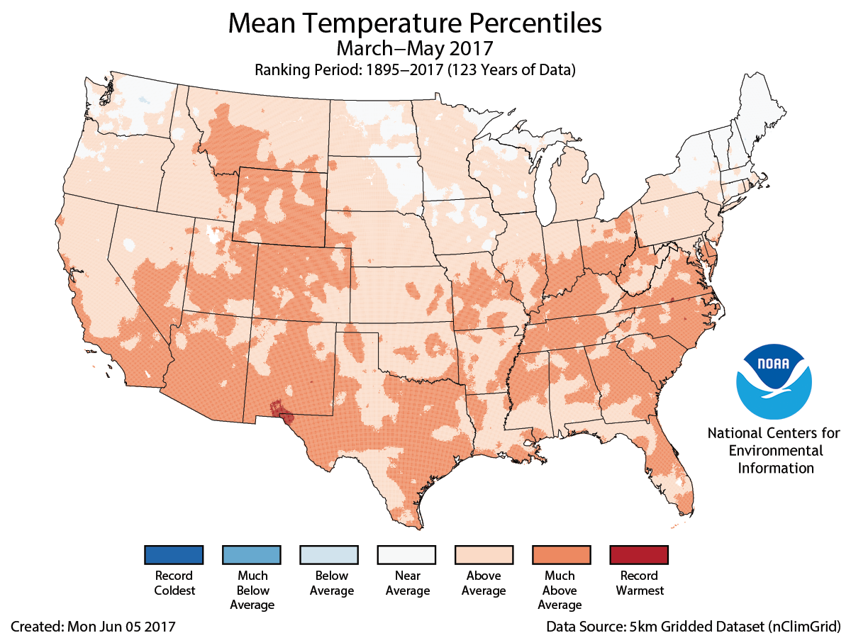 Map of March to May 2017 U.S. average temperature percentiles