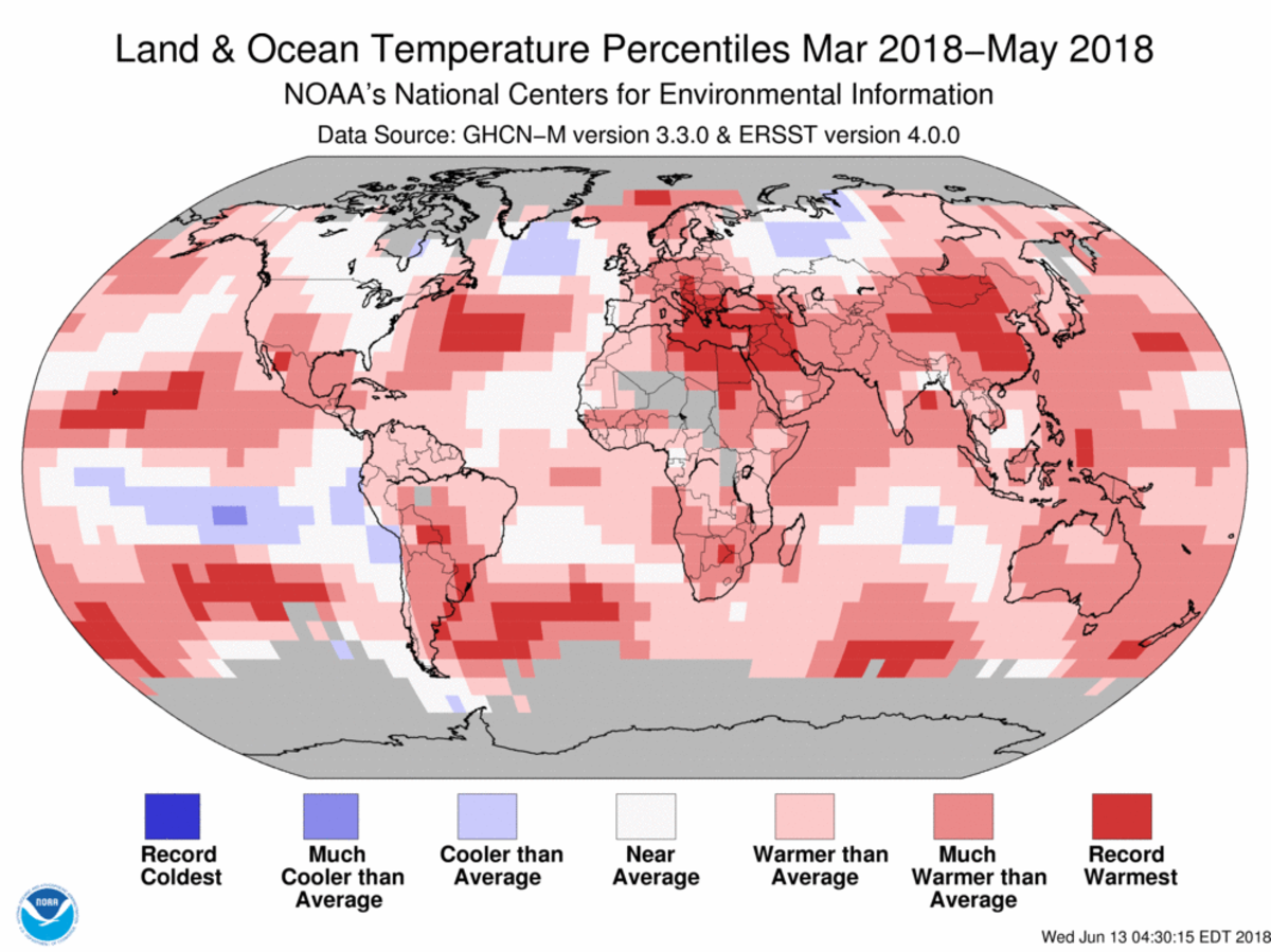 Map of global temperature percentiles for March to May 2018
