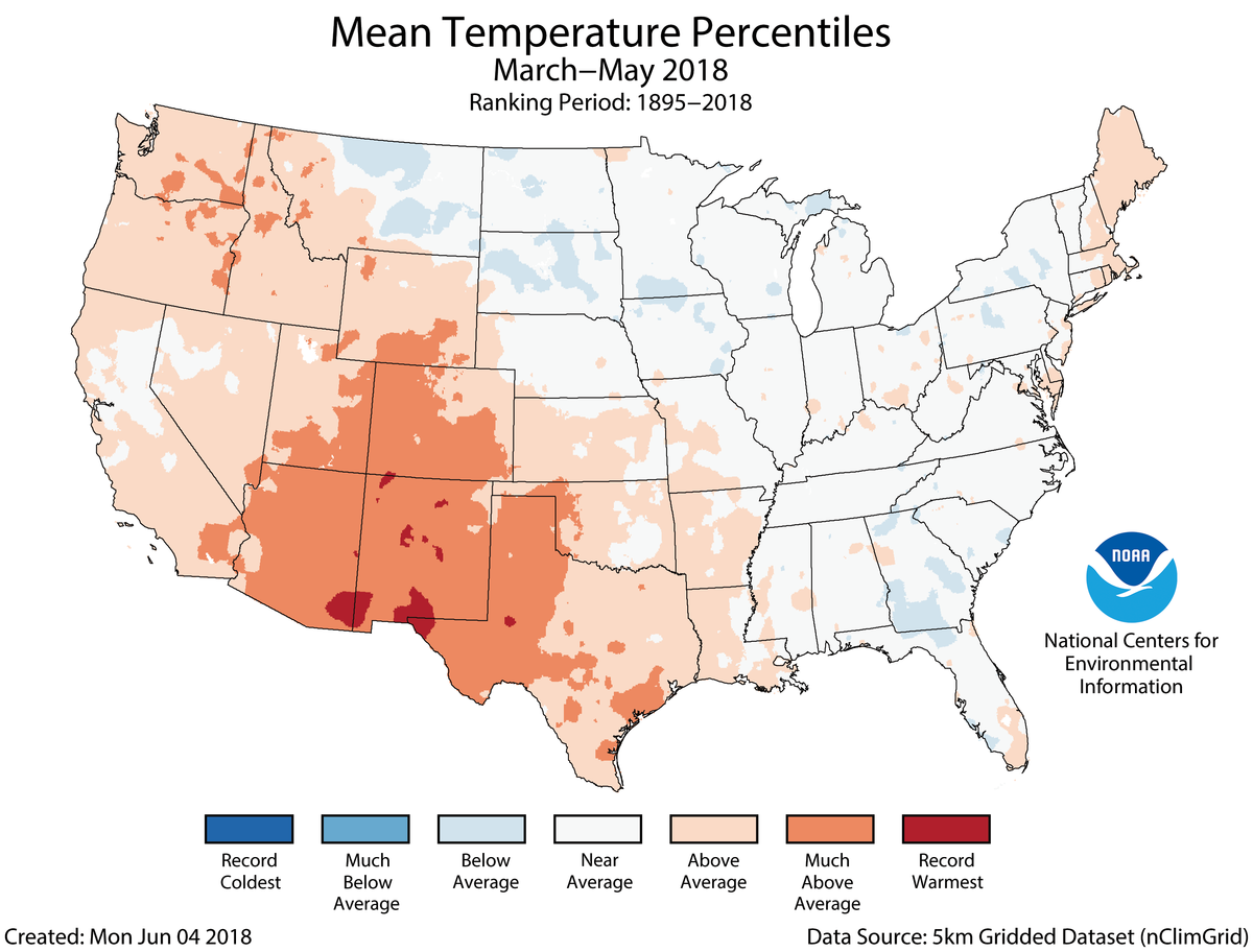 Map of March to May 2018 U.S. average temperature percentiles