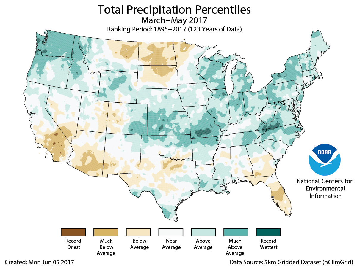 Map of March to May 2017 U.S. total precipitation percentiles