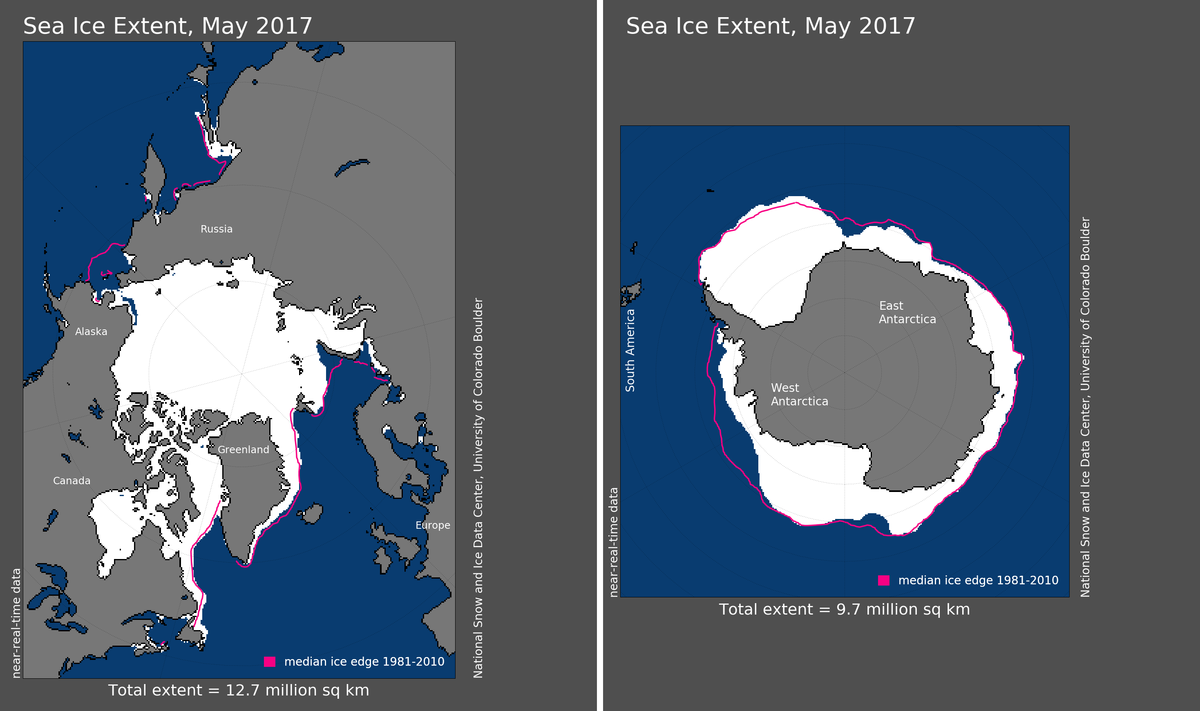 Maps of Arctic and Antarctic sea ice extent in May 2017