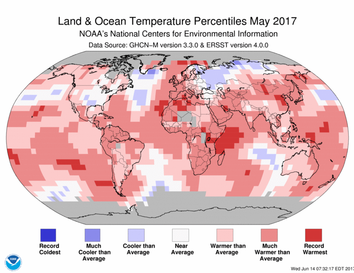 Map of global temperature percentiles for May 2017