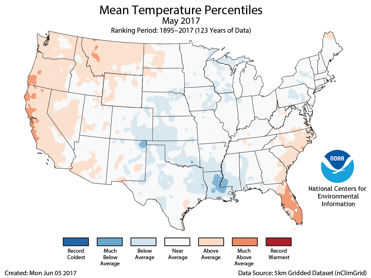 Map of May 2017 U.S. average temperature percentiles