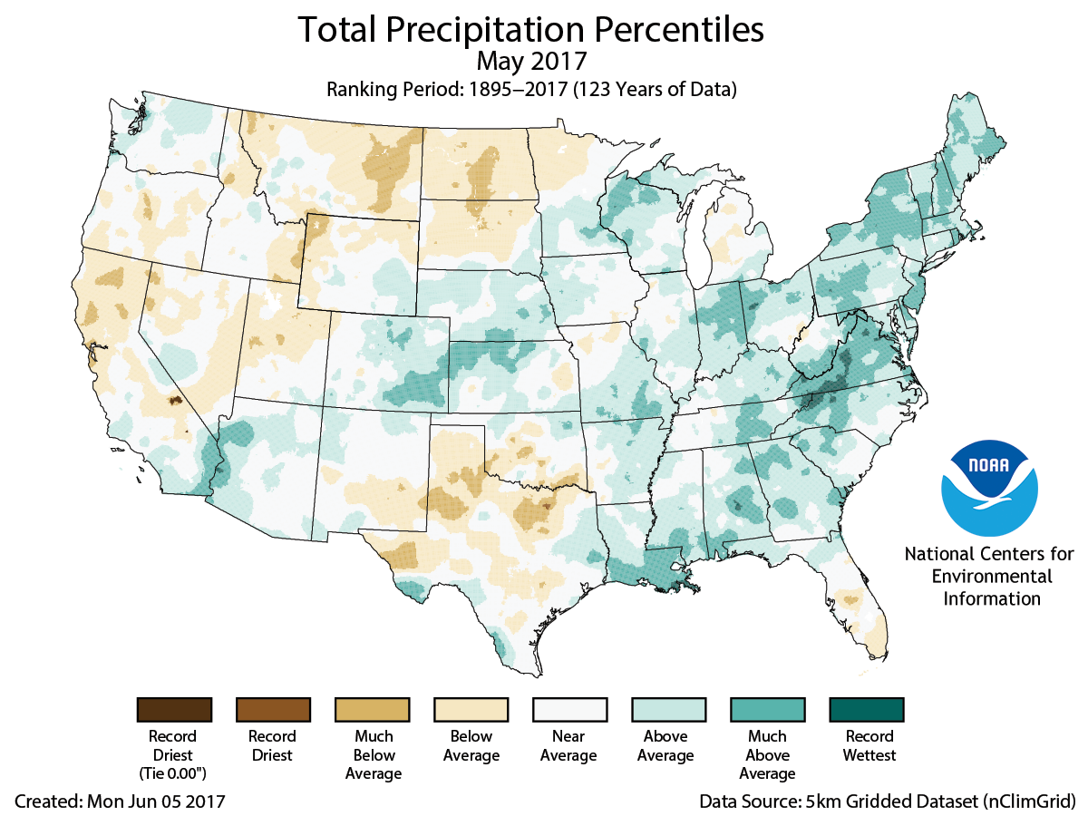 Map of May 2017 U.S. total precipitation percentiles