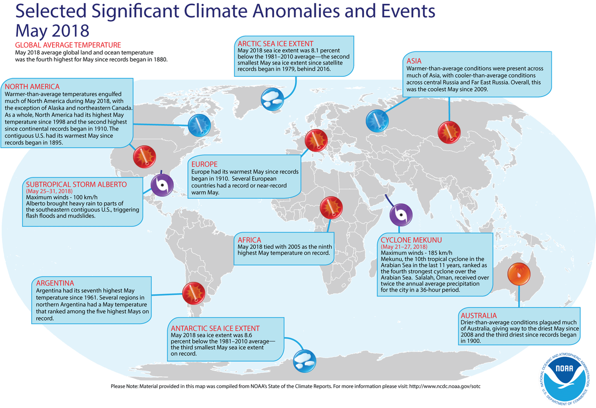 Map of global selected significant climate anomalies and events for May 2018