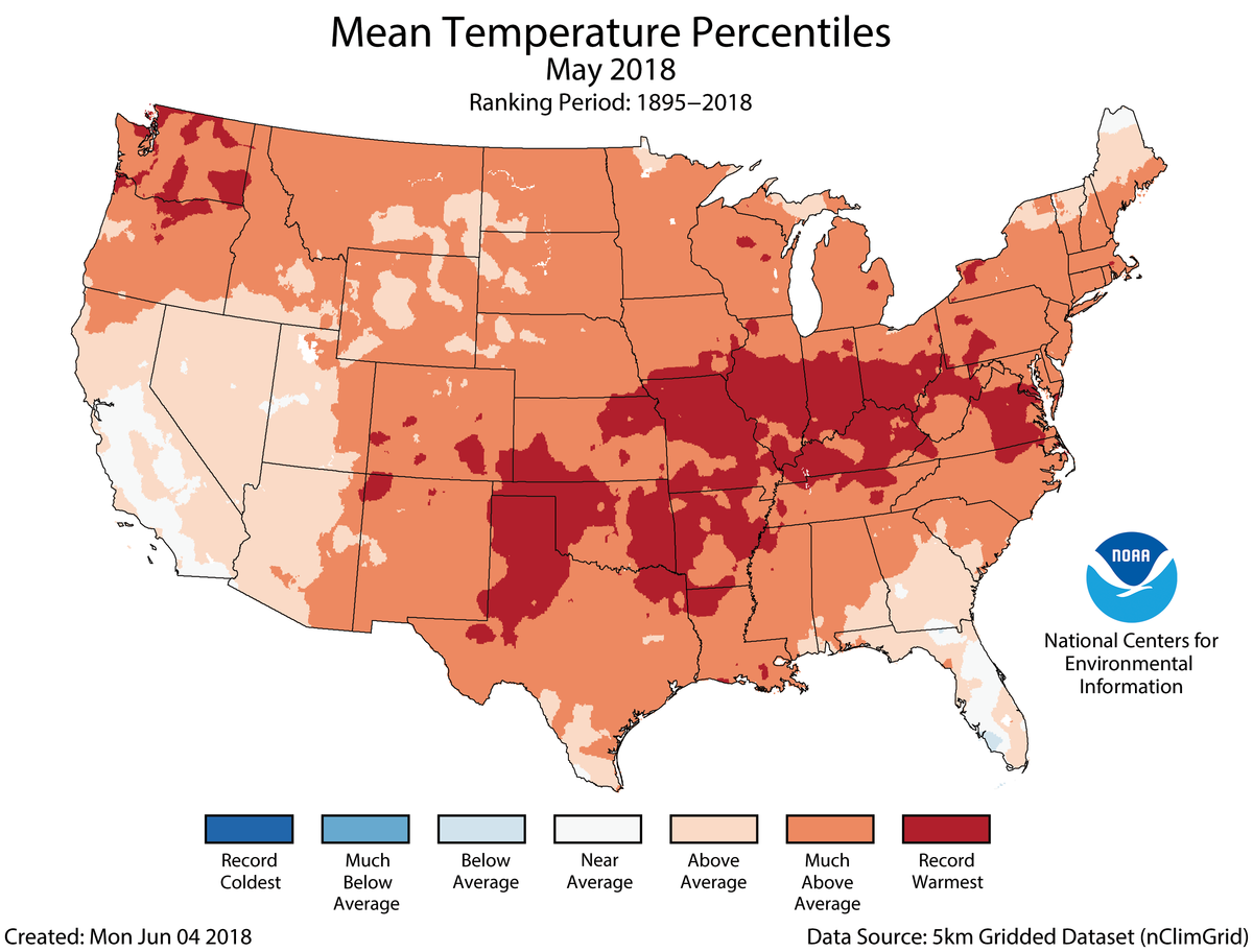 Map of May 2018 U.S. average temperature percentiles