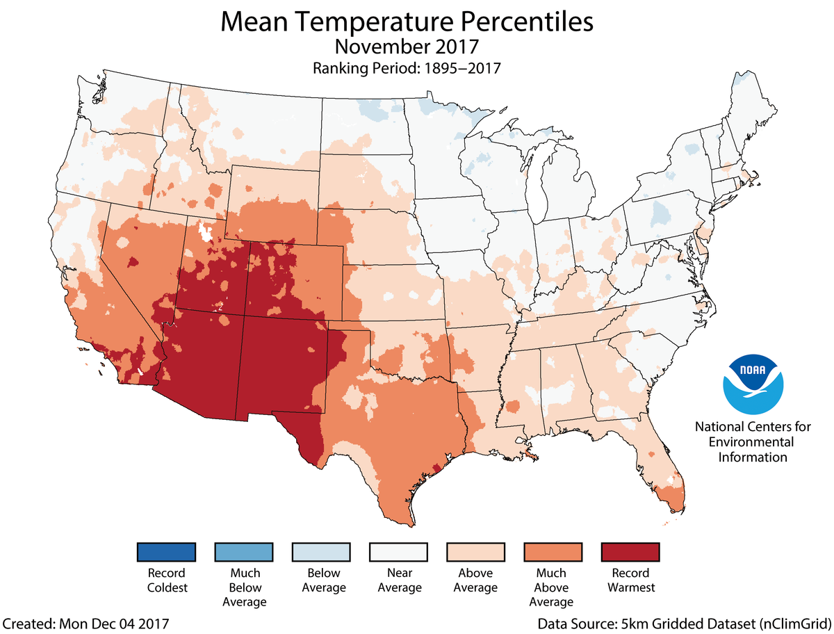 Map of November 2017 U.S. average temperature percentiles