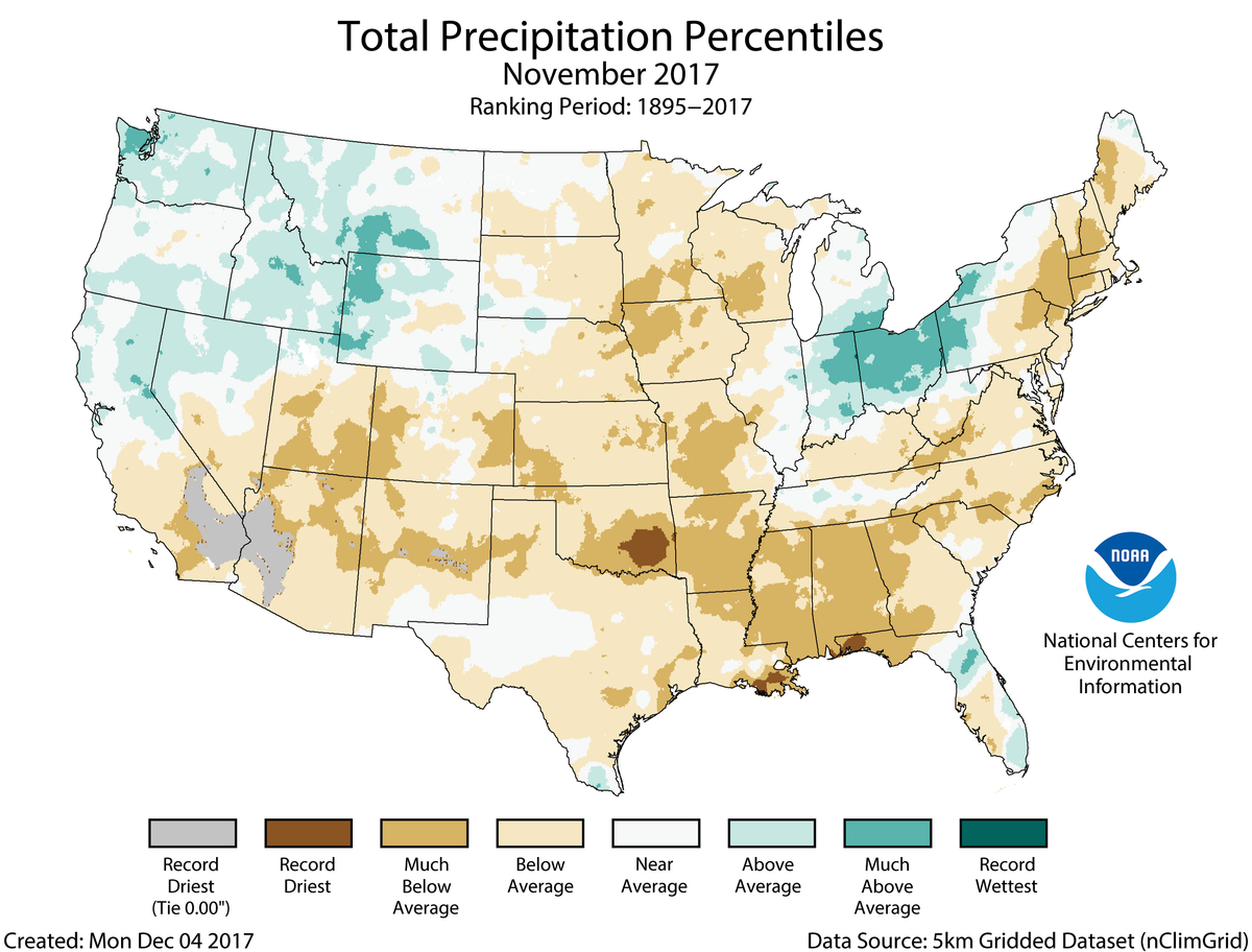 Map of November 2017 U.S. total precipitation percentiles