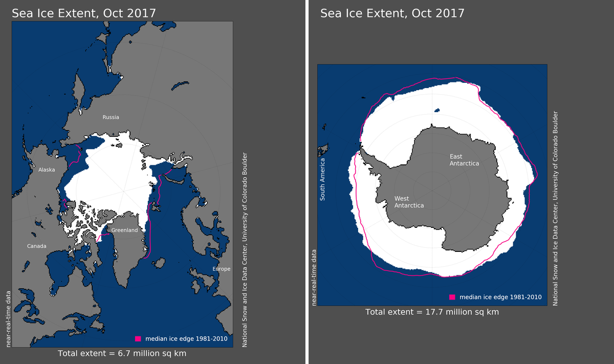 Maps of Arctic and Antarctic sea ice extent in October 2017