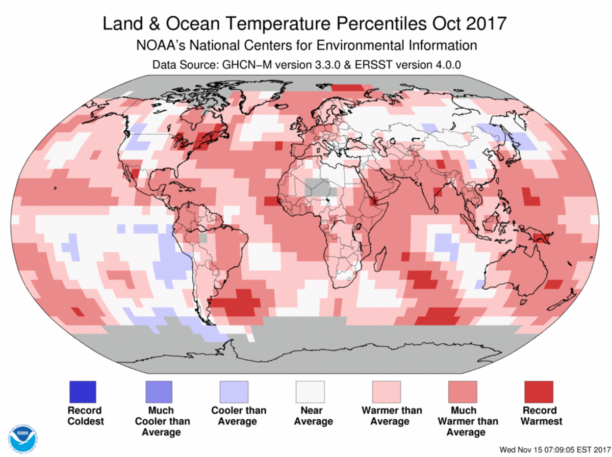 Map of global temperature percentiles for October 2017