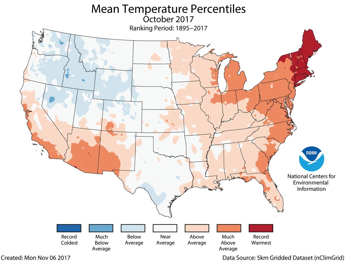 Map of October 2017 U.S. average temperature percentiles